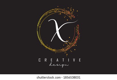 Golden sparkling circles and glitter frame for handwriting X letter logo. Shiny rounded vector illustration with X letter.
