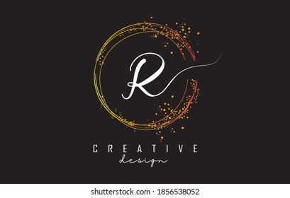 Golden sparkling circles and glitter frame for handwriting R letter logo. Shiny rounded vector illustration with R letter.
