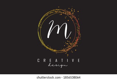 Golden sparkling circles and glitter frame for handwriting M letter logo. Shiny rounded vector illustration with M letter.
