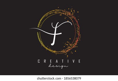 Golden sparkling circles and glitter frame for handwriting F letter logo. Shiny rounded vector illustration with F letter.
