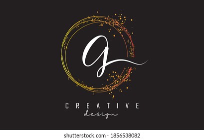 Golden Sparkling Circles And Glitter Frame For Handwriting G Letter Logo.  Shiny Rounded Vector Illustration With G Letter.
