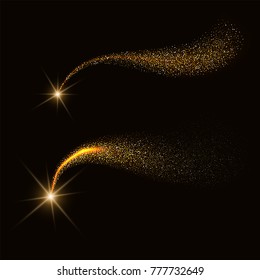 Golden sparkling comet, stardust trail on black background. Vector illustration, eps 10.