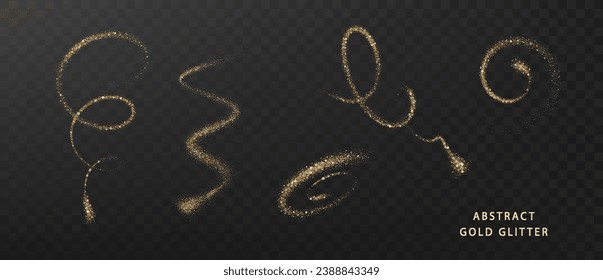 Golden sparkling comet tail. Gold glitter abstract wave isolated on dark