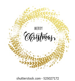 Golden sparkling decoration wreath leaf ornament of circle of and text calligraphy lettering. Festive vector background for Christmas decorative design.  Merry Christmas gold greeting card