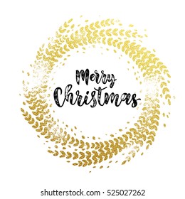 Golden sparkling decoration wreath leaf ornament of circle of and text calligraphy lettering. Festive vector background for Christmas decorative design. Merry Christmas gold greeting card