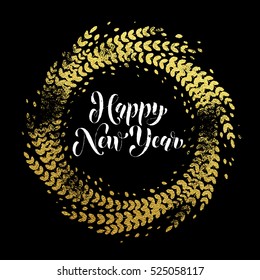 Golden sparkling decoration wreath leaf ornament of circle of and text calligraphy lettering. Festive vector background for Christmas decorative design. Happy New Year gold greeting card