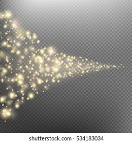 Golden sparkling falling star. Cosmic glittering wave. Gold glittering stars dust trail sparkling particles on transparent background. Space comet tail. EPS 10 vector file included