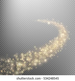 Golden sparkling falling star. Cosmic glittering wave. Gold glittering stars dust trail sparkling particles on transparent background. Space comet tail. EPS 10 vector file included