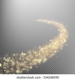 Golden sparkling falling star. Cosmic glittering wave. Gold glittering stars dust trail sparkling particles on transparent background. Space comet tail. EPS 10 vector file included