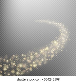 Golden sparkling falling star. Cosmic glittering wave. Gold glittering stars dust trail sparkling particles on transparent background. Space comet tail. EPS 10 vector file included