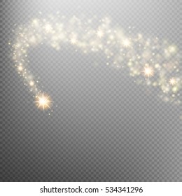 Golden sparkling falling star. Cosmic glittering wave. Gold glittering stars dust trail sparkling particles on transparent background. Space comet tail. EPS 10 vector file included