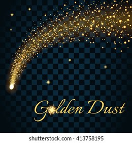 Golden sparkling falling star. Gold dust trail. Cosmic glittering wave in black background. Abstract Design template. Lights, glitter, sparkles. Fashion stylish retro style. Stock Vector illustration.