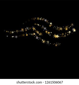 Golden sparkling falling star. Vector stardust trail. swirl stars, gold and silver sparkles background, christmas lights confetti. magic shining Flying glitter cosmic backdrop on night sky