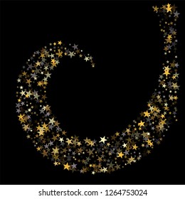 Golden sparkling falling star. Vector stardust trail. swirl stars, gold and silver sparkles background, christmas lights confetti. magic shining Flying glitter cosmic backdrop on night sky