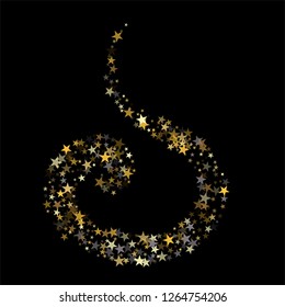 Golden sparkling falling star. Vector stardust trail. swirl stars, gold and silver sparkles background, christmas lights confetti. magic shining Flying glitter cosmic backdrop on night sky