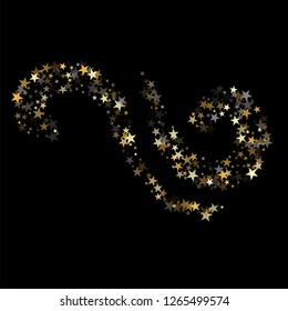 Golden sparkling falling star. Vector stardust trail. swirl stars, gold and silver sparkles background, christmas lights confetti. magic shining Flying glitter cosmic backdrop on night sky