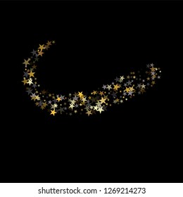 Golden sparkling falling star. Vector stardust trail. swirl stars, gold and silver sparkles background, christmas lights confetti. magic shining Flying glitter cosmic backdrop on night sky