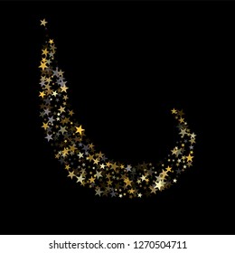Golden sparkling falling star. Vector stardust trail. swirl stars, gold and silver sparkles background, christmas lights confetti. magic shining Flying glitter cosmic backdrop on night sky