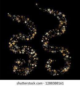 Golden sparkling falling star. Vector stardust trail. swirl stars, gold and silver sparkles background, christmas lights confetti. magic shining Flying glitter cosmic backdrop on night sky