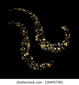 Golden sparkling falling star. Vector stardust trail. swirl stars, gold and silver sparkles background, christmas lights confetti. magic shining Flying glitter cosmic backdrop on night sky