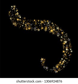 Golden sparkling falling star. Vector stardust trail. swirl stars, gold and silver sparkles background, christmas lights confetti. magic shining Flying glitter cosmic backdrop on night sky