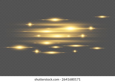 Golden sparkling flashes of light with motion blur, light lines.