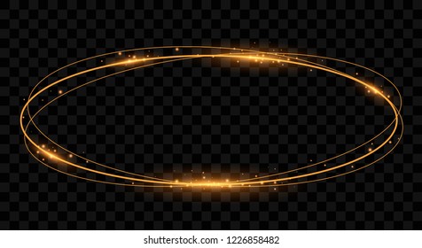 Golden sparkling frame with rotating ellipses. Isolated ovals with lights effects