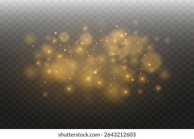 Golden sparkling glitter dust and shining stars. On a transparent background