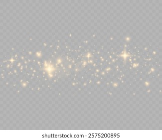 Golden sparkling glitter trail with glowing light effects, stars, and shimmer on a transparent checkered background