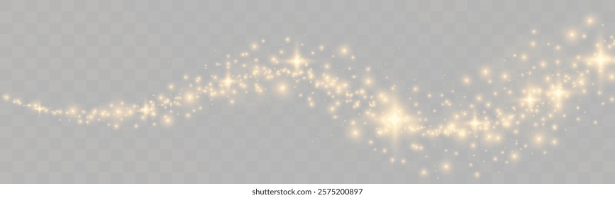 Golden sparkling glitter trail with glowing light effects, stars, and shimmer on a transparent checkered background