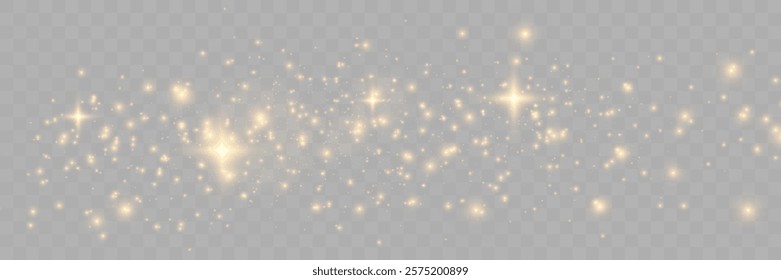 Golden sparkling glitter trail with glowing light effects, stars, and shimmer on a transparent checkered background