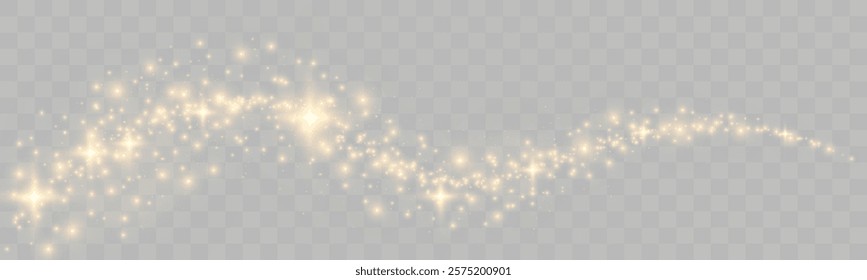 Golden sparkling glitter trail with glowing light effects, stars, and shimmer on a transparent checkered background