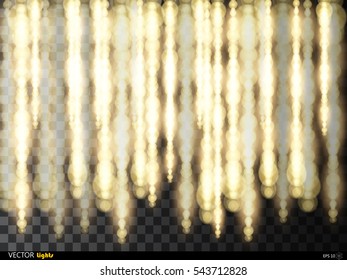 Golden sparkling glitter yarn. Glittering particles line with flickering light blurs. Curtain backdrop Christmas, New Year decoration on a transparent background