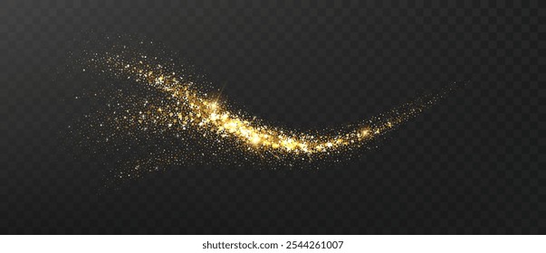 Golden sparkling glittering comet with stardust trail. Gold glitter dust, wave abstract elements on transparent background, golden sparkles.