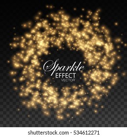 Golden Sparkling Glitters and Stars. Vector Festive Illustration of Shiny Particles. Fire Stars Isolated on Transparent Checkered Background. Holiday Christmas Tinsel Frame for Design