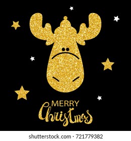 Golden sparkling head of a deer in winter hat. Cute funny cartoon animal. Shiny stars and Merry Christmas lettering. New Year and xmas symbols