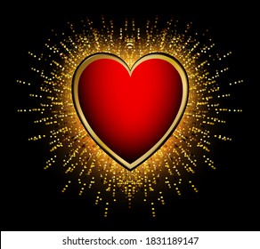 Golden sparkling heart shape with glitter isolated on black background. Vector romantic gold frame.