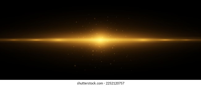 Golden sparkling light effect with glowing flying dust isolated on black background. Vector illustration. EPS 10