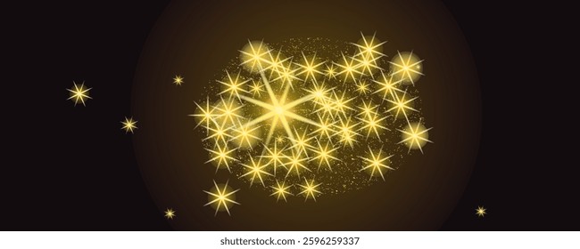 Golden Sparkling Light Effects with Glowing Stars on Dark Background.