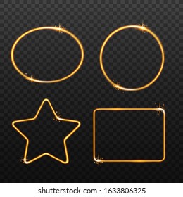 Golden sparkling light frame set - oval, circle, star and rectangle shaped glowing border collection with shiny sparkle stars. Vector illustration isolated on dark background.