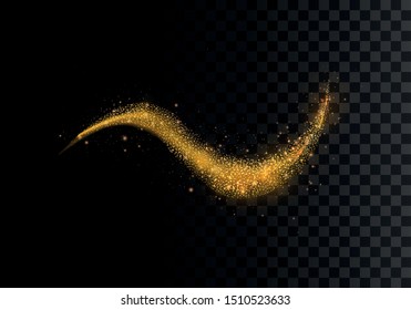 Golden sparkling light trails on blue background. Futuristic Wave Flash. Glowing shiny spiral lines effect. The yellow sparks and golden stars shine. Magical dust particles. Vector