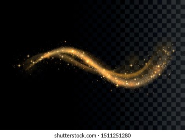 Golden sparkling light trails on transparent background. Futuristic Wave Flash. Glowing shiny spiral lines effect. The yellow sparks and golden stars shine. Magical dust particles. Vector