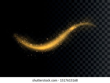 Golden sparkling light trails on blue background. Futuristic Wave Flash. Glowing shiny spiral lines effect. The yellow sparks and golden stars shine. Magical dust particles. Vector