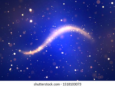 Golden sparkling light trails on blue background. Futuristic Wave Flash. Glowing shiny spiral lines effect. The yellow sparks and golden stars shine. Magical dust particles. Vector
