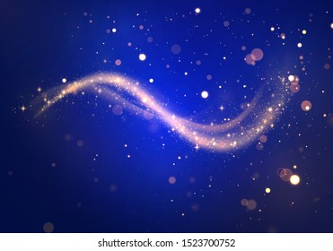 Golden sparkling light trails on blue background. Futuristic Wave Flash. Glowing shiny spiral lines effect. The yellow sparks and golden stars shine. Magical dust particles. Vector