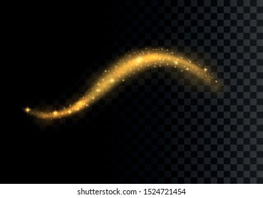Golden sparkling light trails on blue background. Futuristic Wave Flash. Glowing shiny spiral lines effect. The yellow sparks and golden stars shine. Magical dust particles. Vector