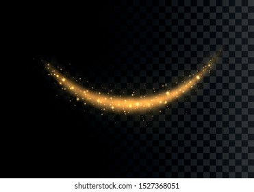 Golden sparkling light trails on blue background. Futuristic Wave Flash. Glowing shiny spiral lines effect. The yellow sparks and golden stars shine. Magical dust particles. Vector