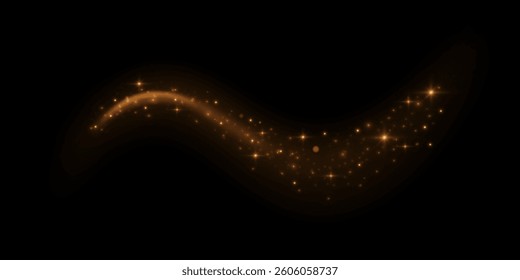 Golden sparkling light trails on transparent background. Futuristic Wave Flash. Glowing shiny spiral lines effect. The yellow sparks and golden stars shine. Magical dust particles. Vector