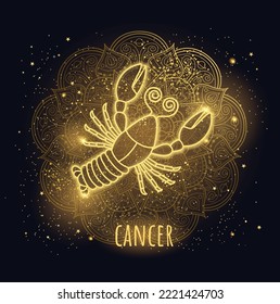 Golden sparkling linear zodiac sign cancer. Vector illustration.Line art. Zen tangle style