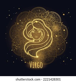 Golden sparkling linear zodiac sign Virgo. Vector illustration.Line art. Zen tangle style